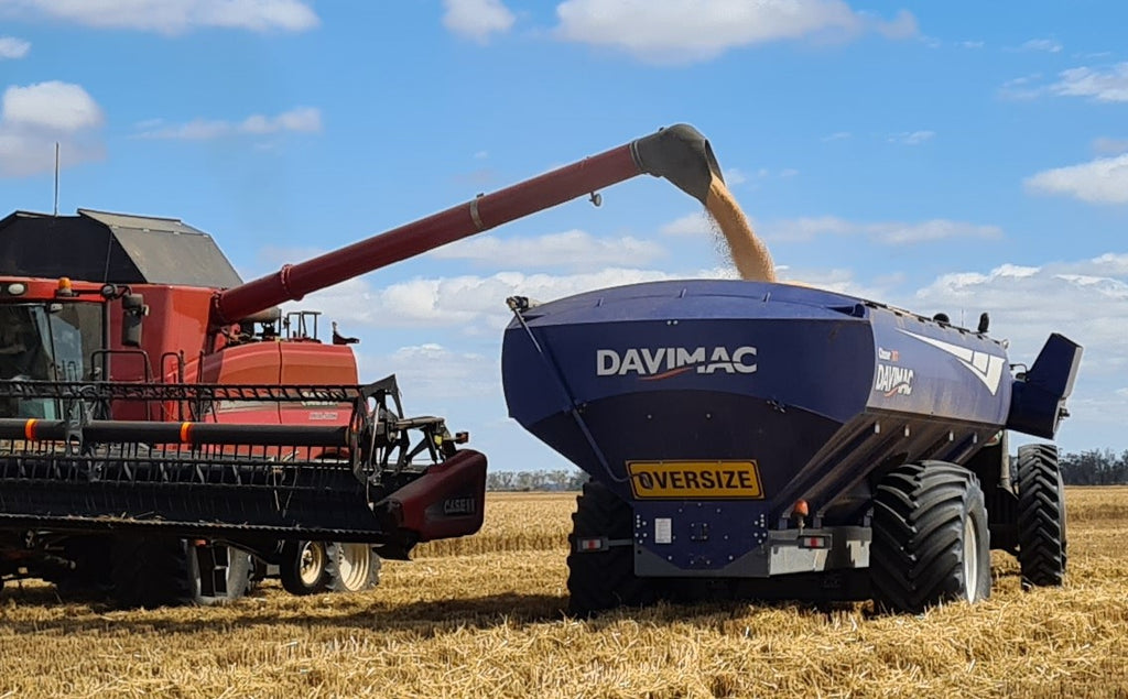 rear view of a Davimac chaser bin being filled by forward facing combine harvester on the left