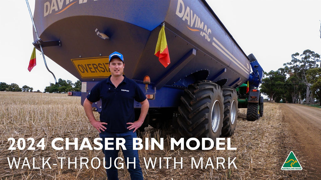 Mark from Davimac standing in front of 2024 model 35T chaser bin.